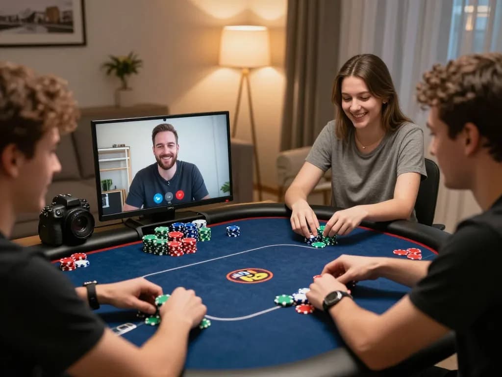 Pemain terlibat dalam permainan poker online yang mendebarkan di kanzenmap dengan chip berwarna-warni dan antarmuka digital.