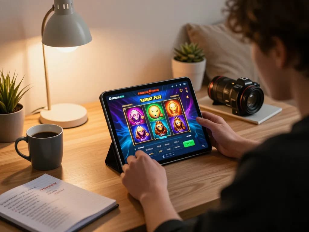 Engaging online gameplay of Pragmati Play slots on a tablet, showcasing a comfortable gaming setup.