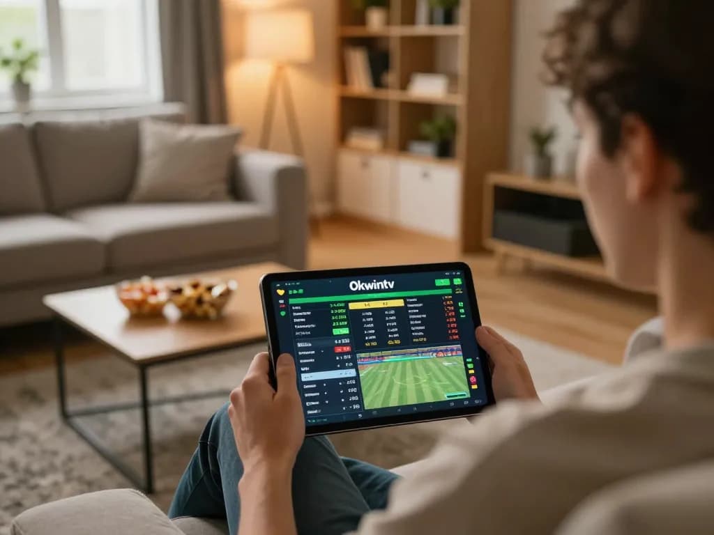 Engaged user betting on Okwintv app in a cozy home setting with warm lighting.