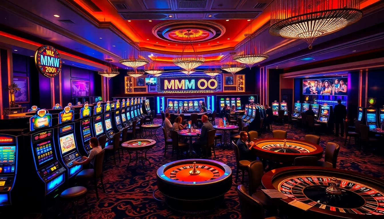 MM OO players enjoying thrilling moments at a vibrant casino with tables and slot machines.