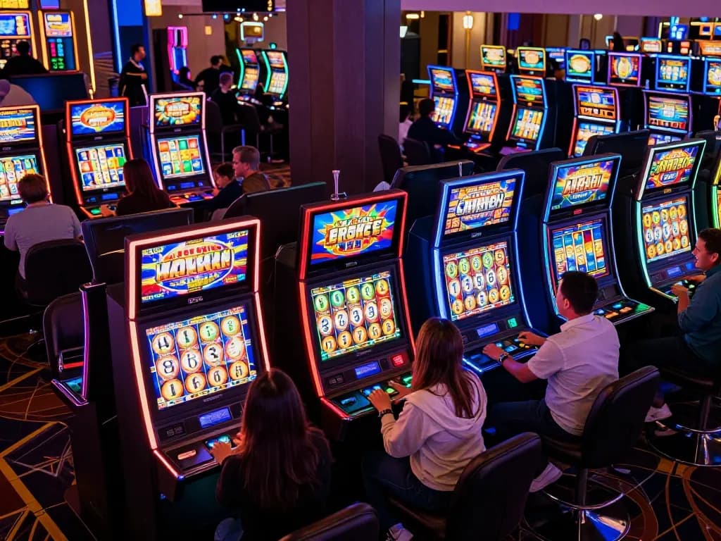 Players enjoying the thrill of link slot machines, vibrant colors and engaging gameplay atmosphere