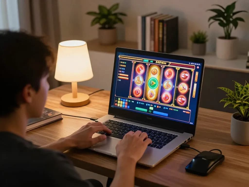 A player enjoying slots on their laptop at home, showcasing the excitement of 555win gaming.