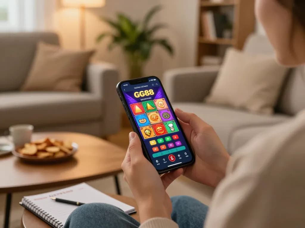 Player using the GG88 app to place bets on their smartphone in a cozy home setting.