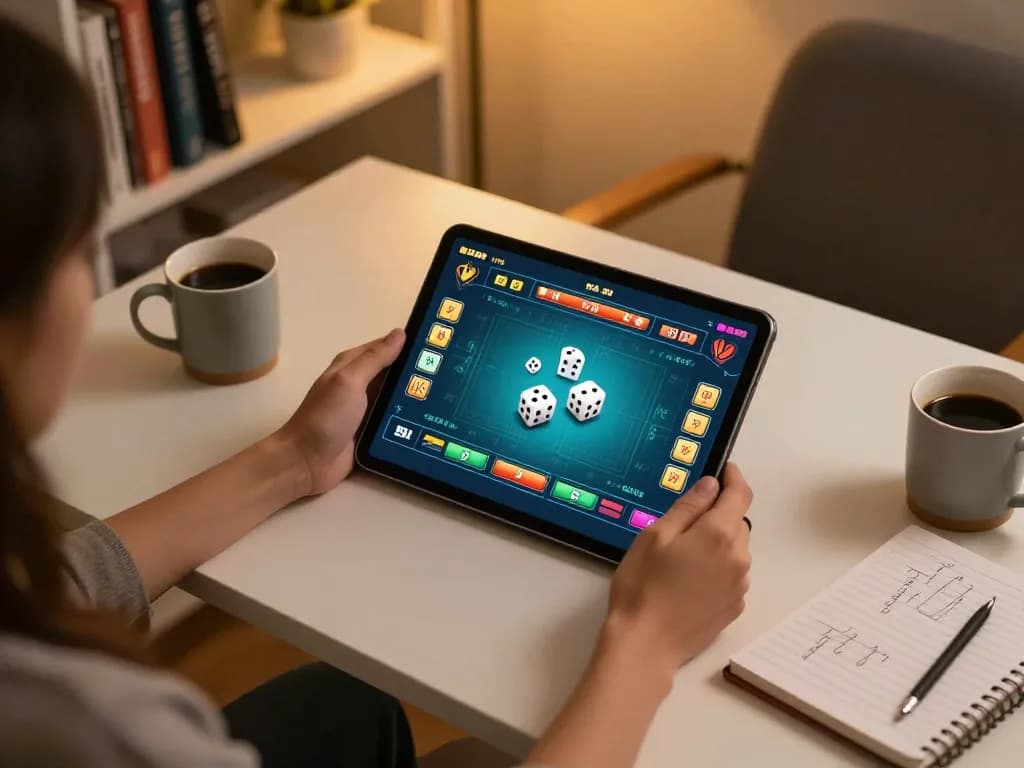 Tài xỉu online gameplay on a tablet in a cozy home office, emphasizing strategic betting.