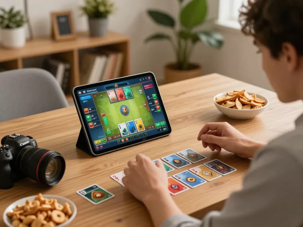 Player excited about game bài on tablet in cozy home office, emphasizing strategy and engagement.
