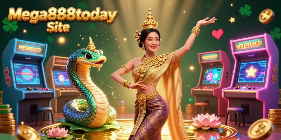 Mega888today Site presents an exciting gaming environment with vibrant casino elements and a graceful Thai dancer.