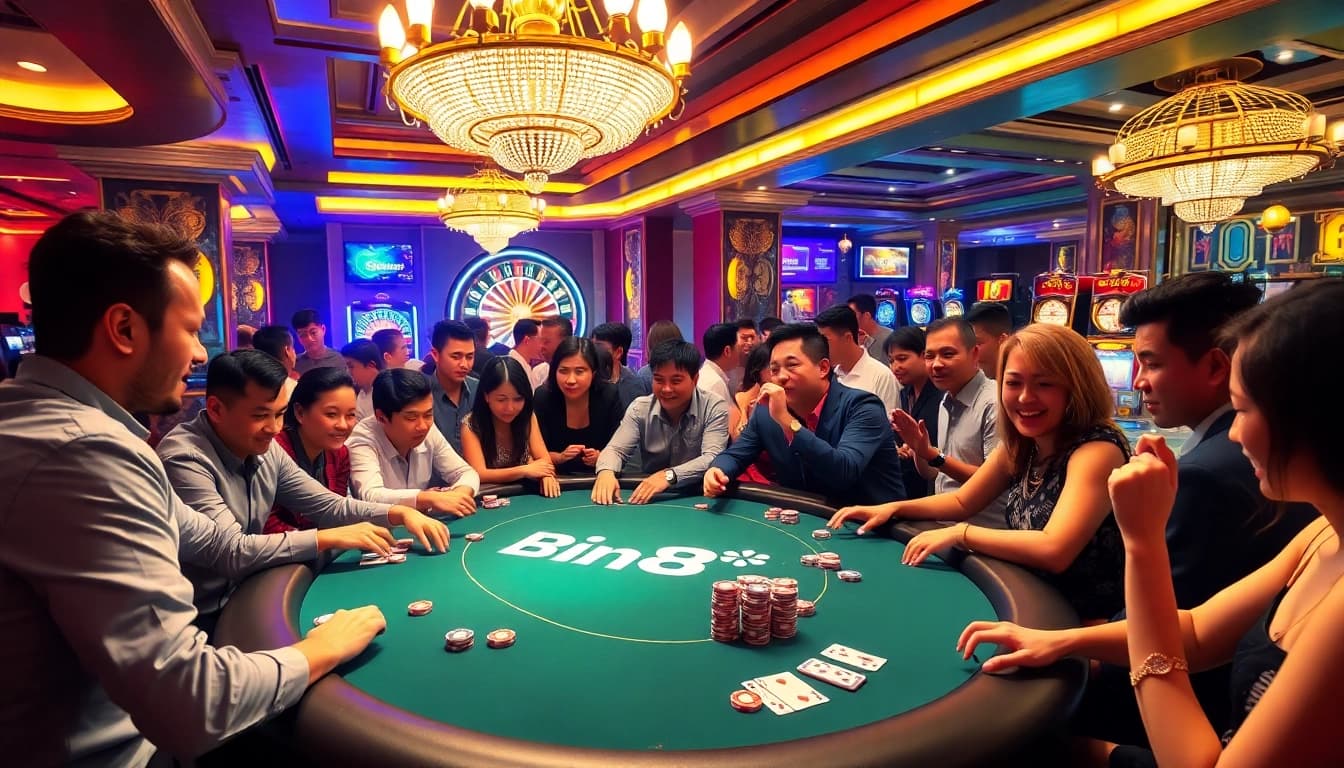 Players enjoying an exciting game at the Bin88 poker table, emphasizing immersive casino experiences.