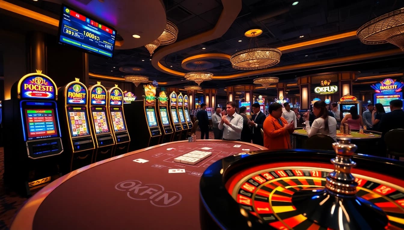 Exciting casino scene showcasing vibrant games and the brand OKFUN for a thrilling gambling experience.