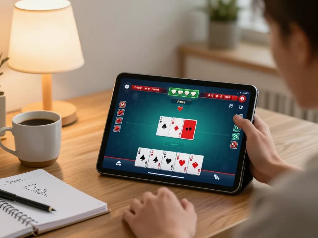 Engaging poker gameplay on vu88 tablet in cozy home setting, showcasing strategy notes and warm lighting