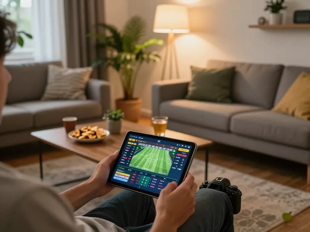 Pengguna SBOBET88 terlibat dalam taruhan olahraga online dari ruang tamu yang nyaman dengan tablet dan camilan