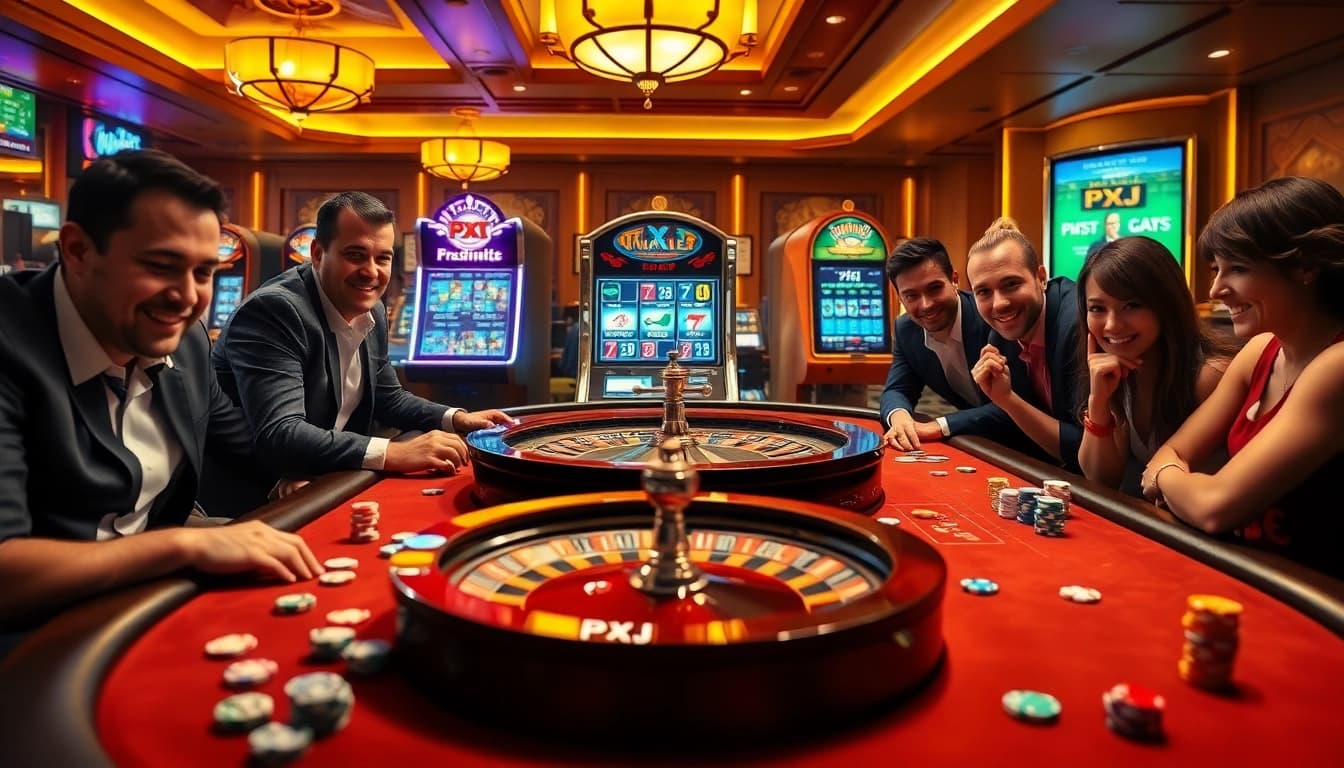 Engaging PXJ casino scene with poker table, roulette wheel, and vibrant slot machines