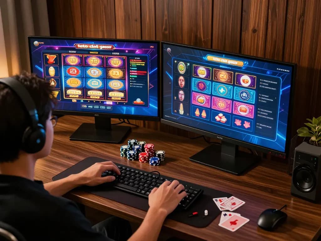 Pemain yang terlibat dengan toto slot gacor di dua monitor selama sesi kasino online yang menarik