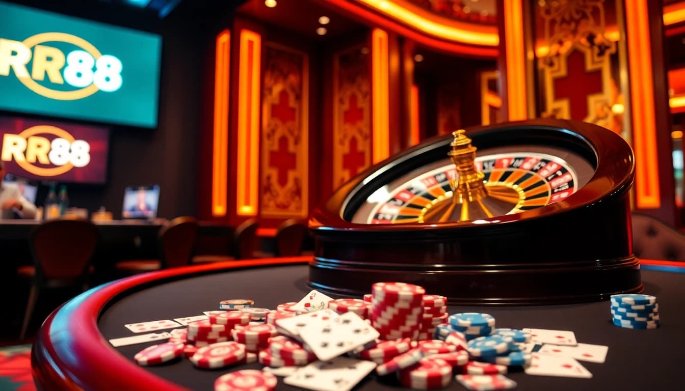 RR88 excitement with players at a roulette table surrounded by colorful chips.