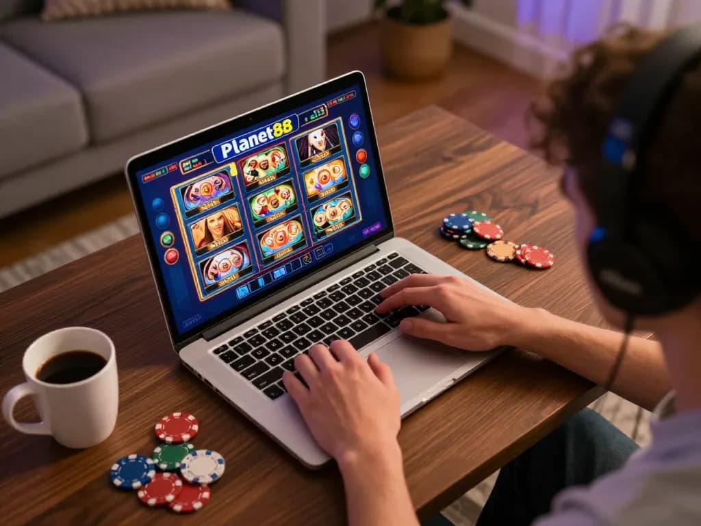 Planet88 user engaging with online slots from a cozy home setup, showcasing colorful game graphics and strategic betting.