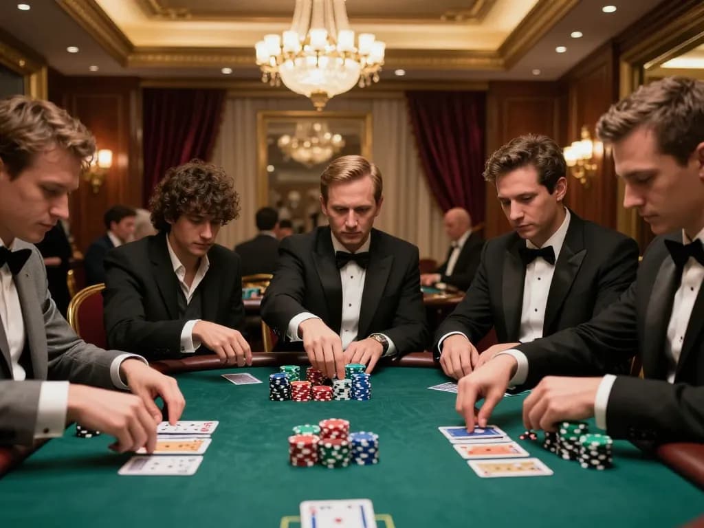 HM88 poker players intensely strategizing during a high-stakes game in a luxury casino