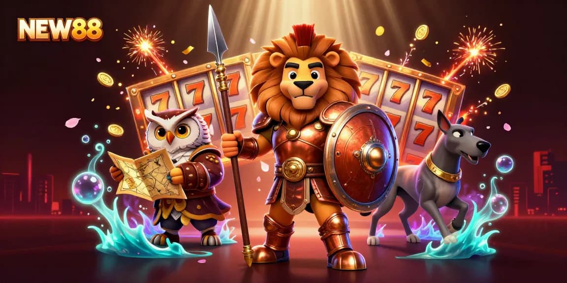 Experience the excitement of NEW88 with spinning slots and vibrant casino elements.