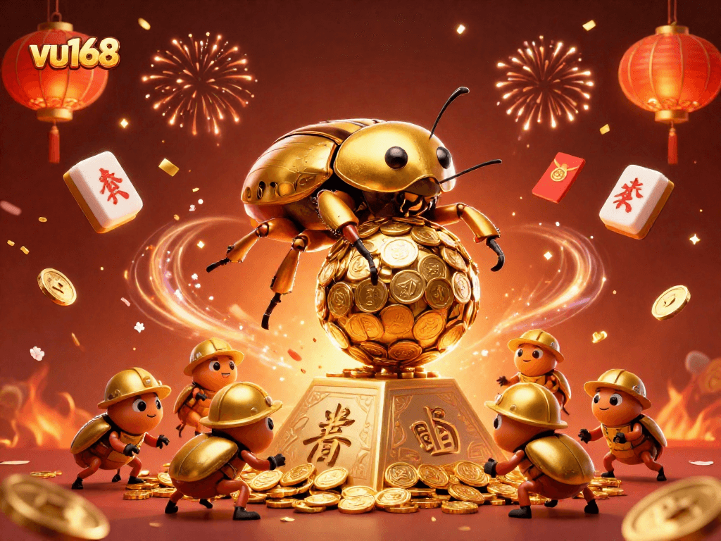 Engage with vu168 betting insights, featuring dynamic golden beetles and vibrant casino elements.