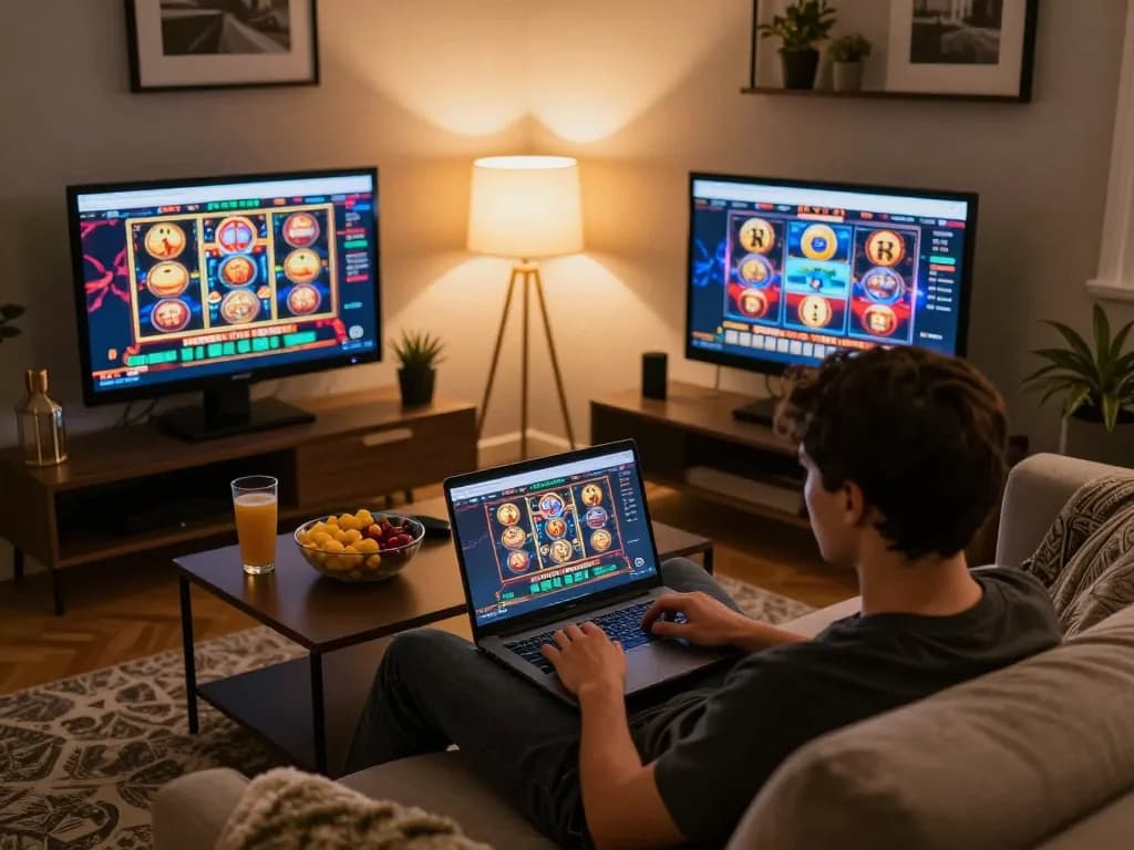 Player enjoying Oxbet online casino gaming experience in a cozy home setup