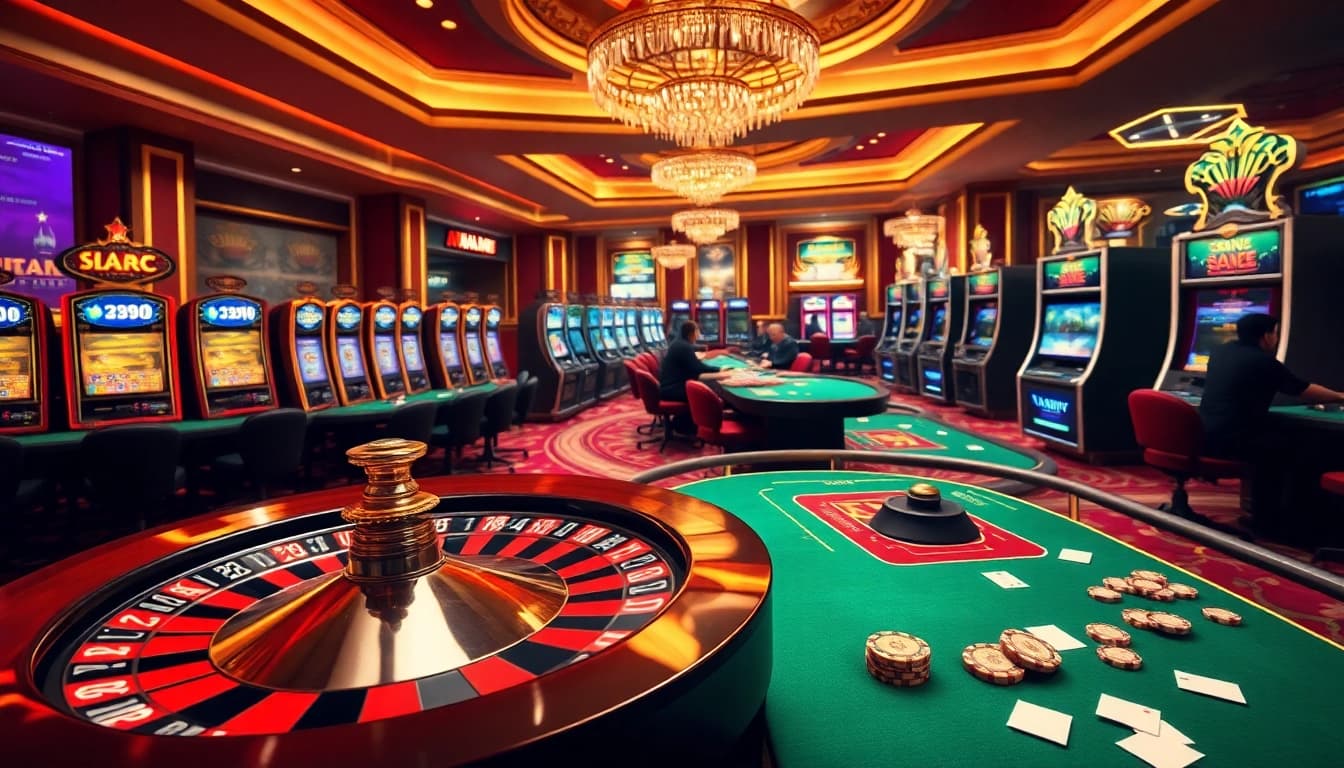Thrilling casino scene highlighting asupanjitu with poker chips and roulette wheel.