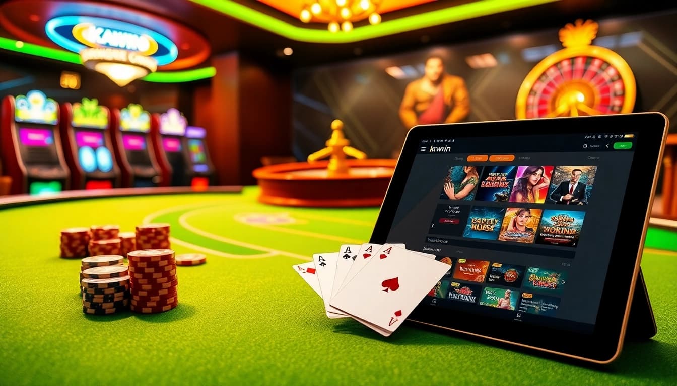 Experience thrilling gaming at kkwin.com with vibrant casino tables, poker chips, and stylish slot machines.