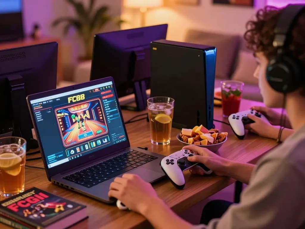 Engaged player enjoying FC88 online casino gaming on laptop with snacks nearby