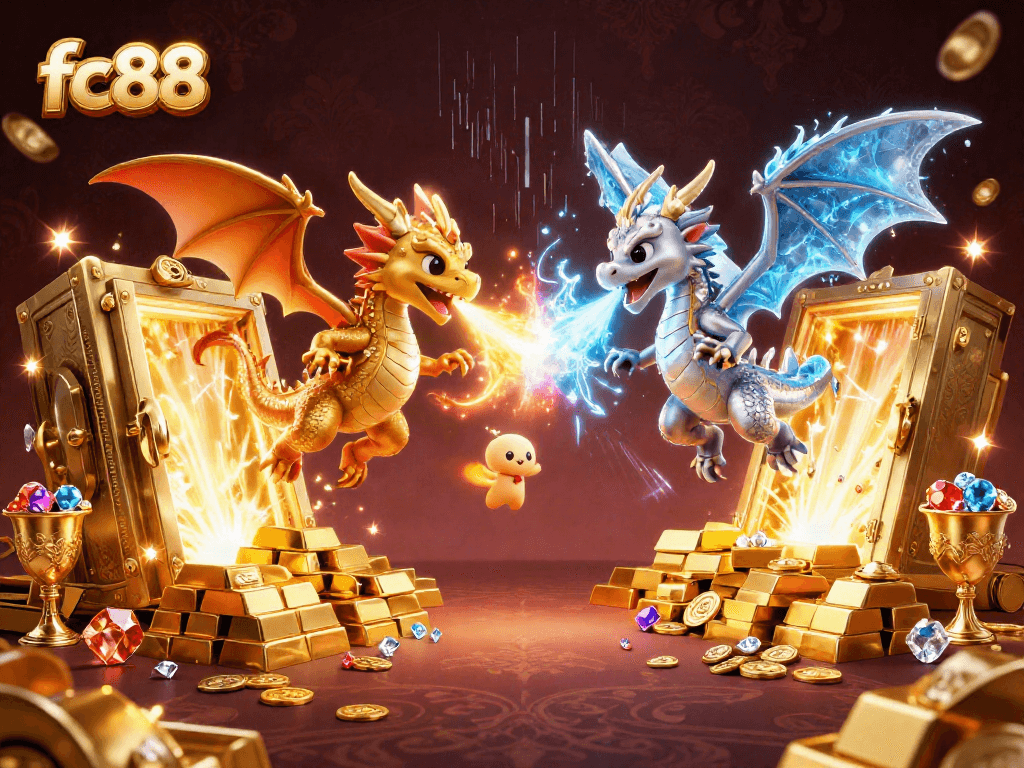 Trải nghiệm đặc sắc tại fc88 với hình ảnh rồng 3D trong không gian casino đầy màu sắc.