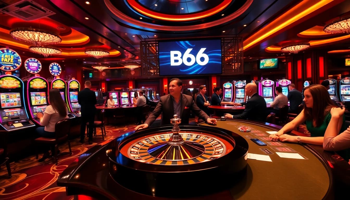 Players enjoying high-stakes gambling action at MB66 Casino's vibrant tables and slot machines.