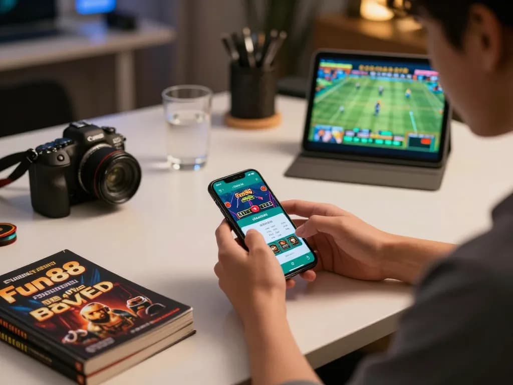 Experience thrilling gameplay with Fun88 on a smartphone amidst strategic gaming materials.