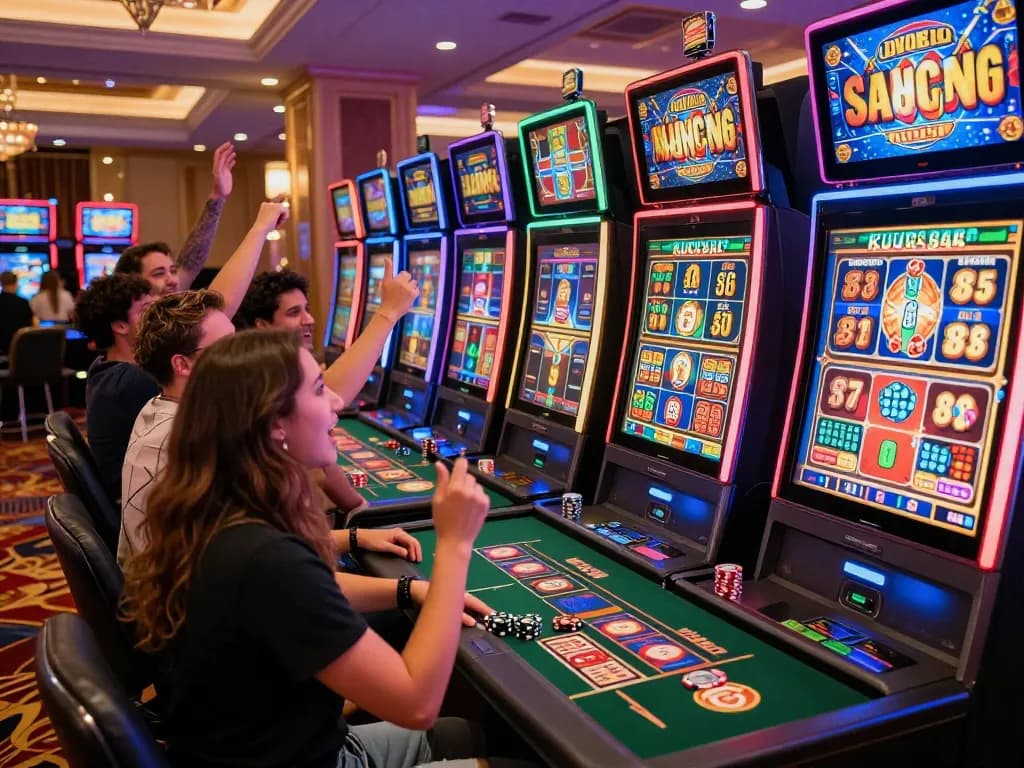 Excited friends celebrating a win at Lucky88 slot machine in a vibrant casino atmosphere.
