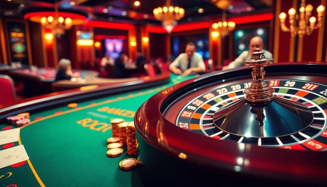 A high-stakes casino gaming scene featuring Big Gaming elements with a roulette wheel and blackjack table.