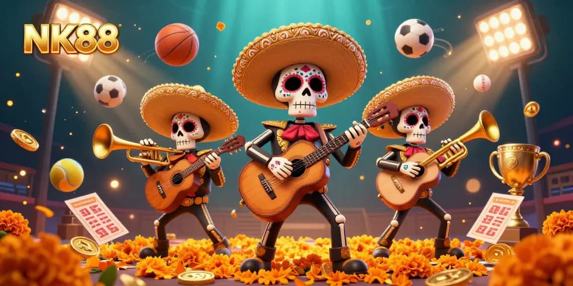 Experience thrilling NK88 gaming with a colorful mariachi band, sports elements, and sparkling visuals.