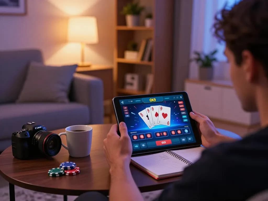 Engaged user enjoying the Ok9 casino app on a tablet, strategic betting notes visible.