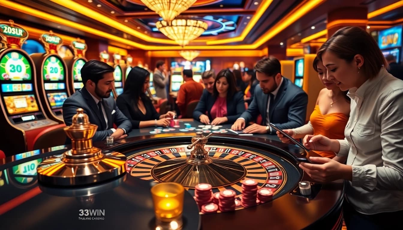 Experience the thrill of gambling with 33WIN at a luxurious roulette table, poker chips, and vibrant slot machines.