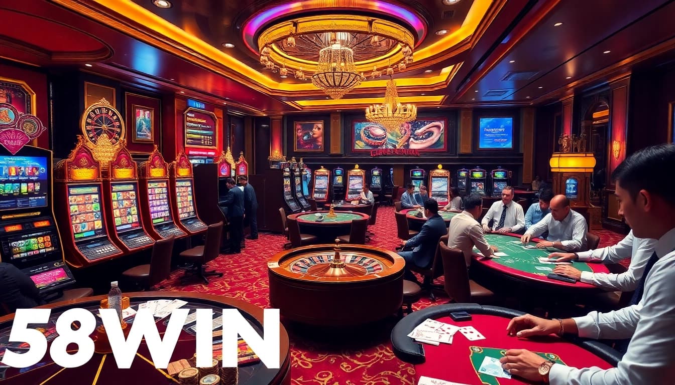 Players winning big at 58WIN tables with luxury slots and roulette.