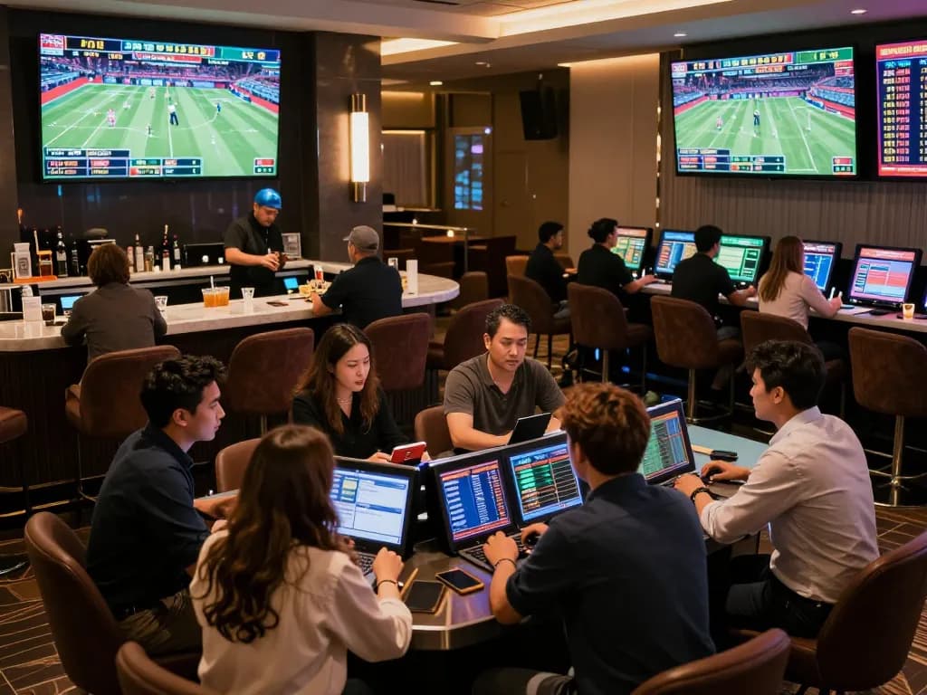 Placing bets while reviewing tỷ lệ kèo nhà cái hôm nay in a lively sports betting lounge atmosphere.