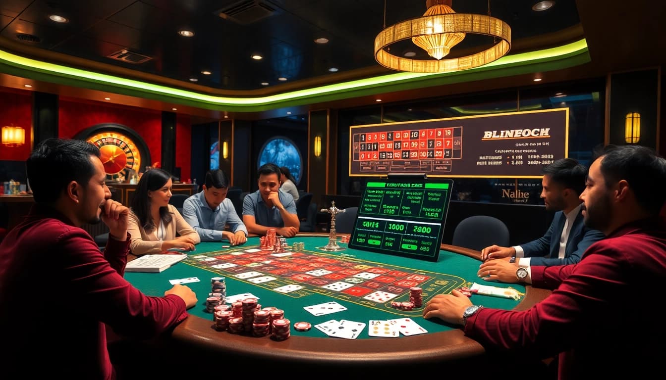 Engaging scene of players at a poker table discussing keonhacai odds with vibrant casino elements