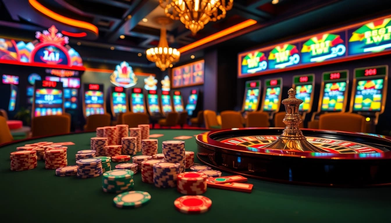 Experience thrilling gaming adventures at https://gk88.bond/ with vibrant casino visuals featuring poker chips and roulette wheels.