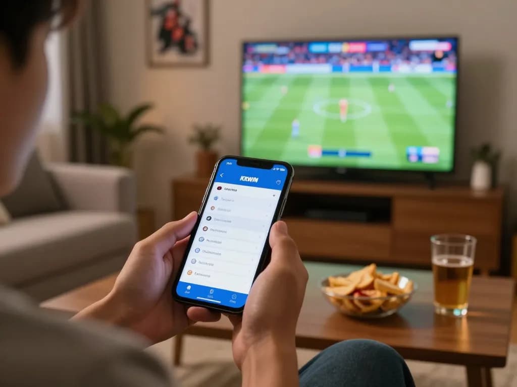 Engaged user placing bets through KKWIN app during live sports event at home.