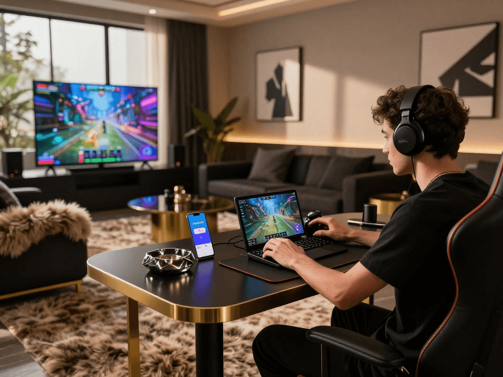 Player enjoying rokok88 slot in a luxurious gaming lounge with elegant decor.