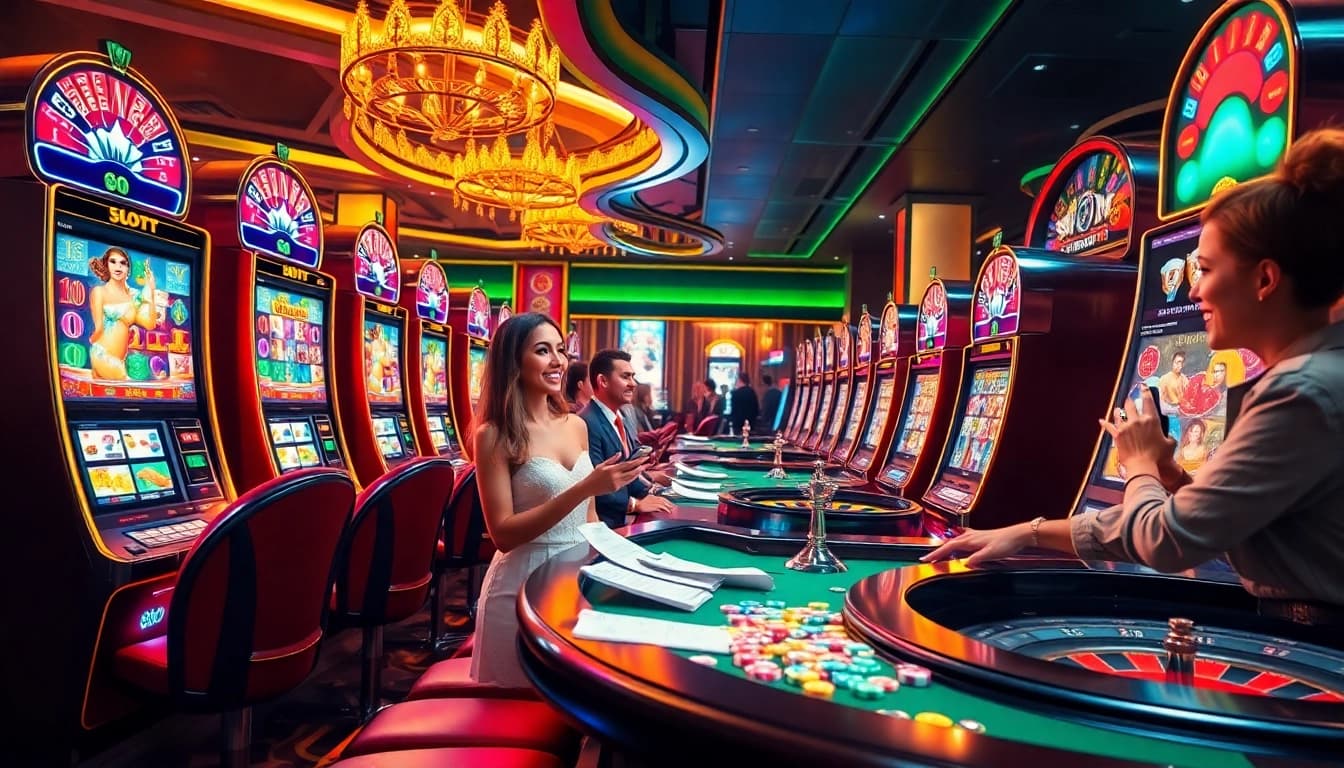 Exciting slot machines illuminated in a vibrant casino, showcasing the thrill of winning.