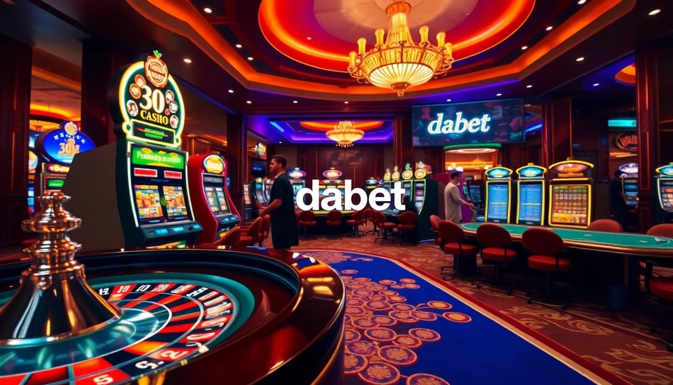 Players enjoying enthusiastic games at Dabet's luxurious casino tables and vibrant slot machines.