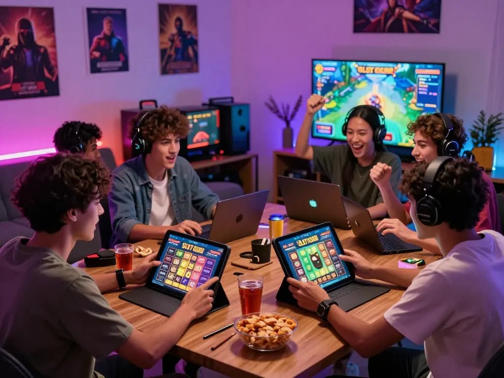 SLOT GACOR online gaming experience with friends celebrating victory in a cozy living room.