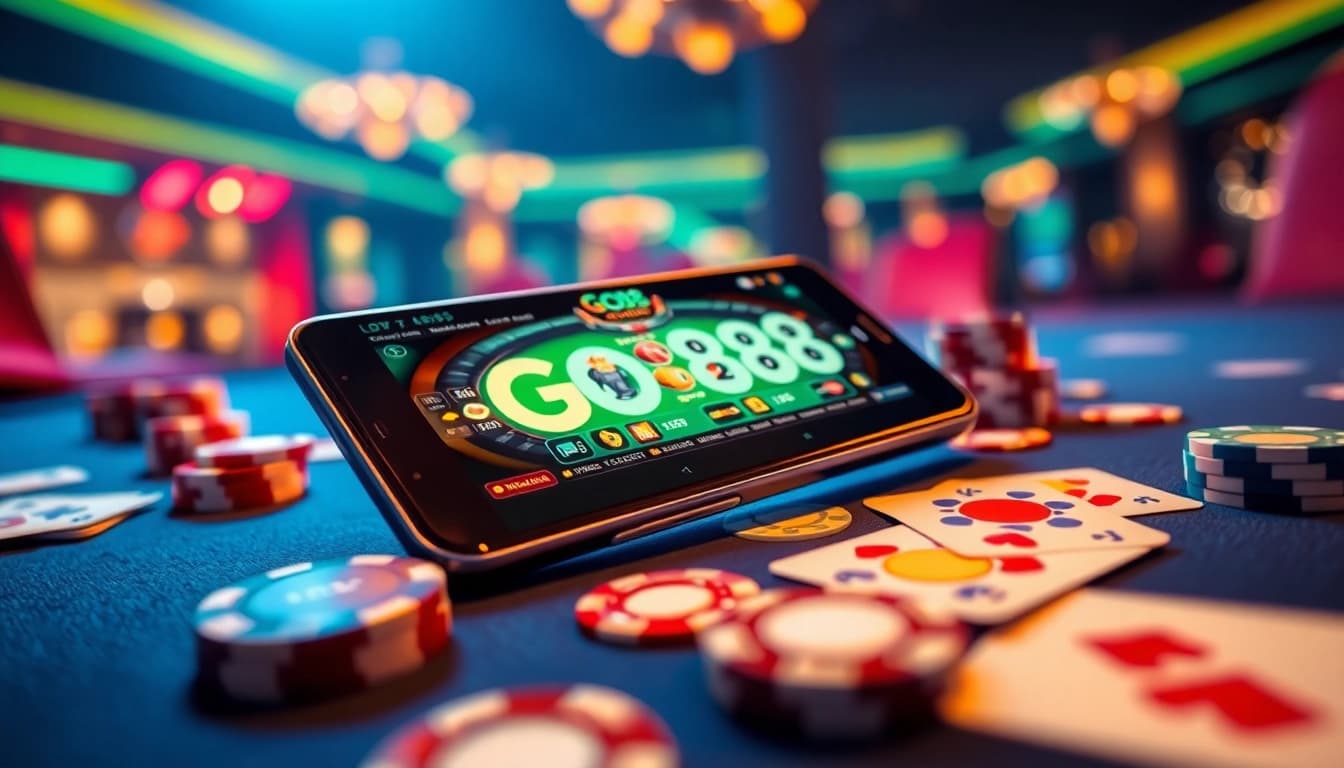 Experience the excitement of go88 with a modern gaming app on display, surrounded by vibrant casino elements.