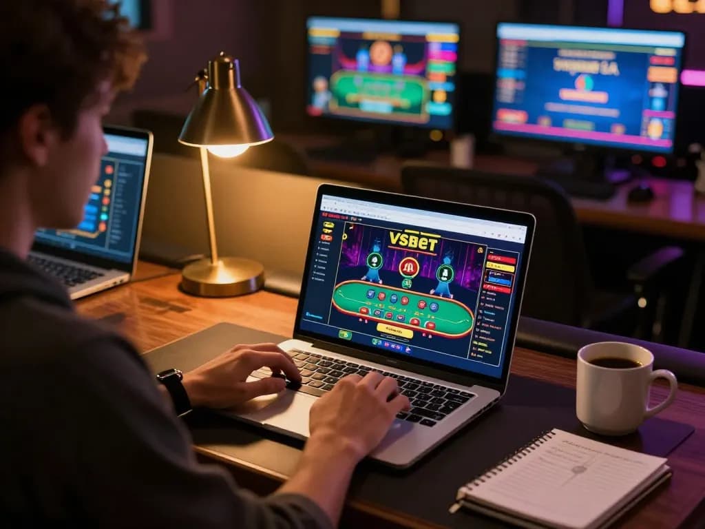 Engaging online gaming scene with Vsbet interface displayed on laptop during gameplay.