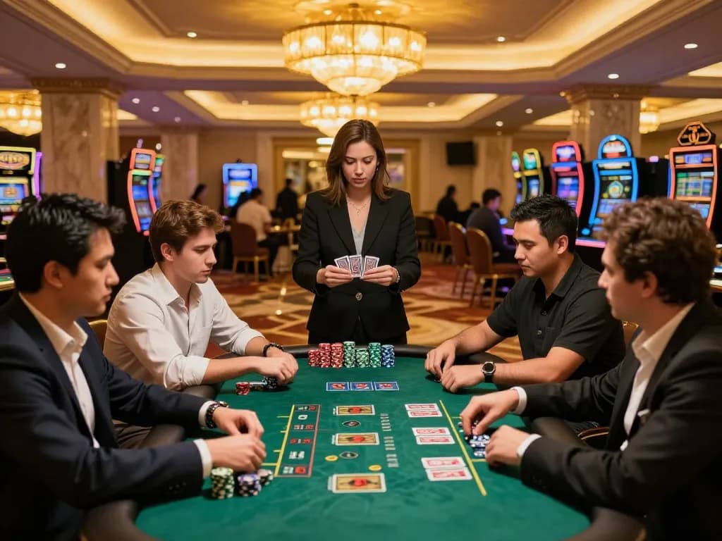 Engaged players at GEM88 strategizing at a blackjack table in a luxurious casino.