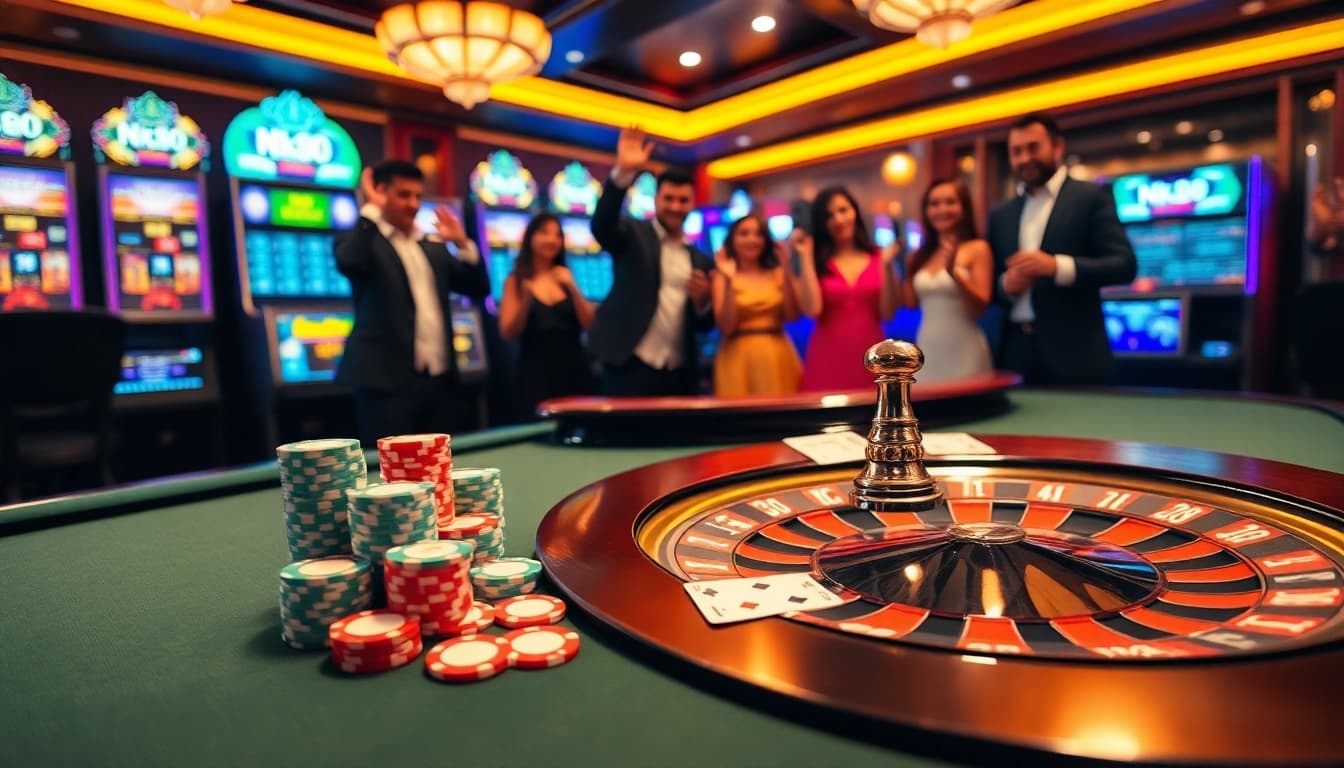 Experience the excitement of NK88 at a high-stakes casino table filled with vibrant poker chips and cards.
