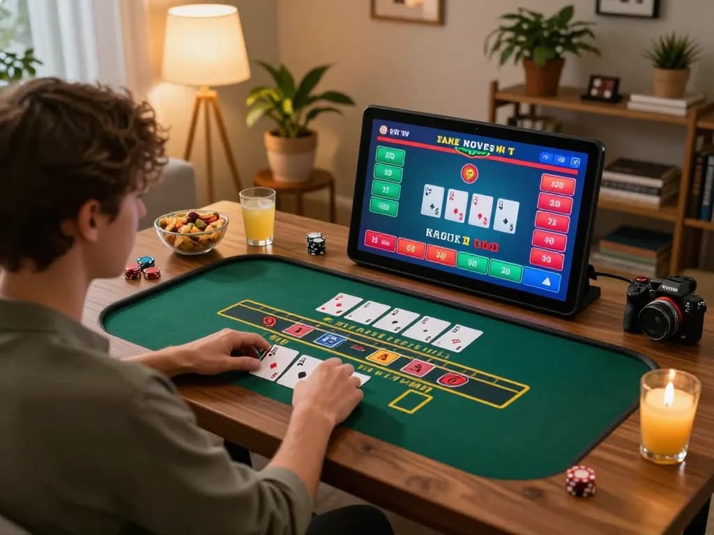 Players enjoying a live dealer game on MU88 from a cozy home setup, showcasing strategic online gameplay.
