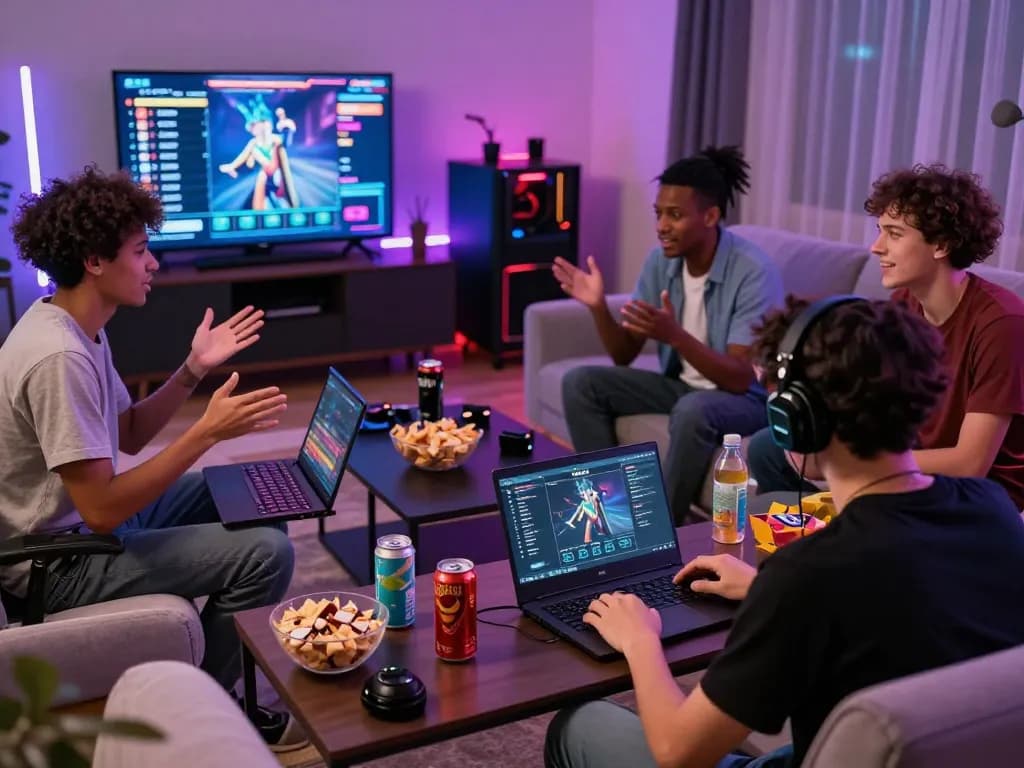 Engaged gamers enjoying Kwin in a dynamic living room with vibrant atmosphere.