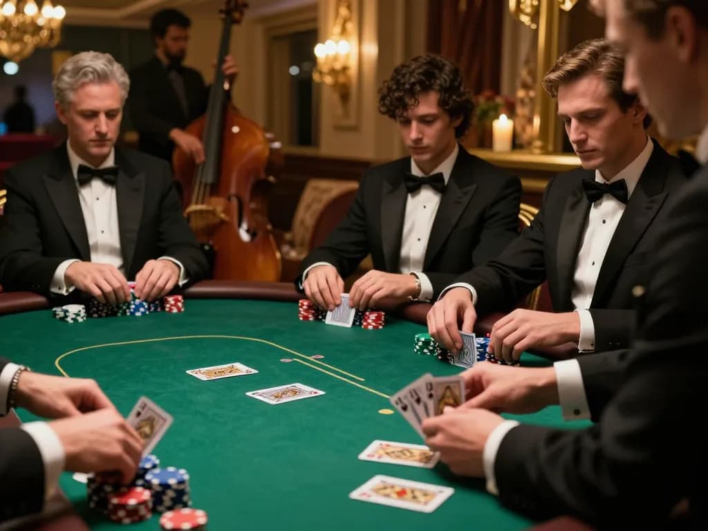 Players engaging in strategic gameplay at an upscale casino poker table featuring DA88