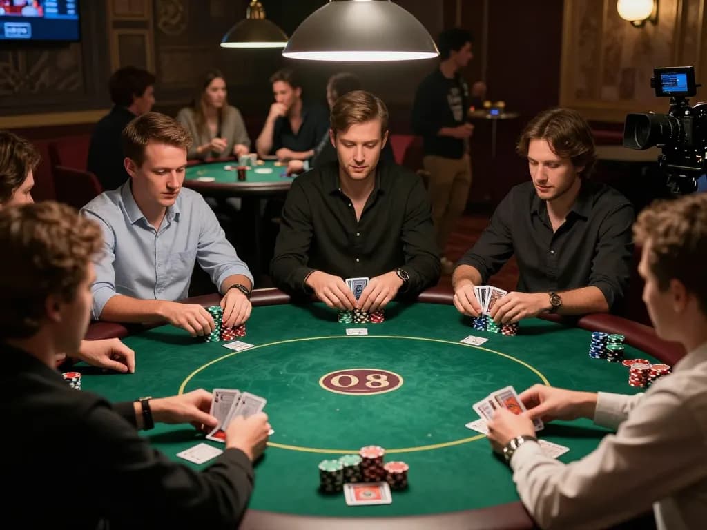 Players engaging in a competitive poker game at O8 casino, showcasing strategy and excitement